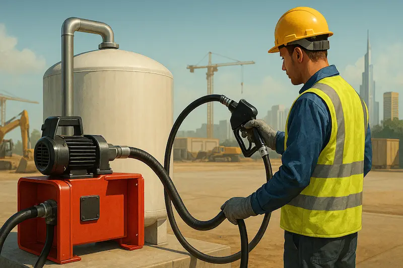 Worker using a diesel fuel transfer pump to move fuel from a storage tank at a UAE construction site, with cranes and a modern city skyline in the background