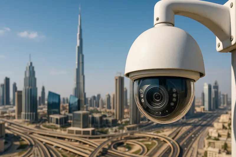 Close up of CCTV camera with Dubai highways and skyscrapers in the background showing regulated citywide security