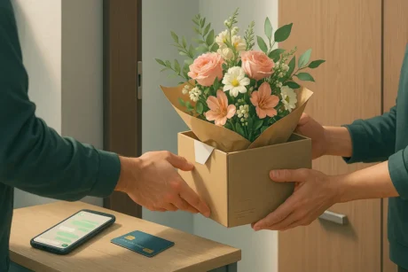 Entrega de flores en domicilio con caja kraft, manos recibiendo el ramo y un smartphone con chat y tarjeta de pago sobre una consola