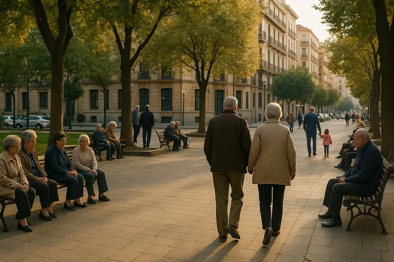 Personas mayores paseando y sentadas en una plaza urbana de una ciudad española al atardecer