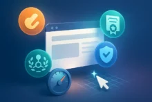 Ilustración de un navegador con iconos de experiencia, pericia, autoridad y confianza junto a un velocímetro, simbolizando evaluación de calidad web y Core Web Vitals