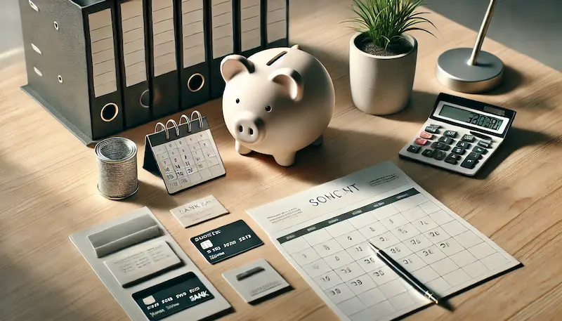 Sparschwein, Kalender, Ordner und Bankkarten als Symbol für Finanzplanung und Rücklagen im Unternehmen