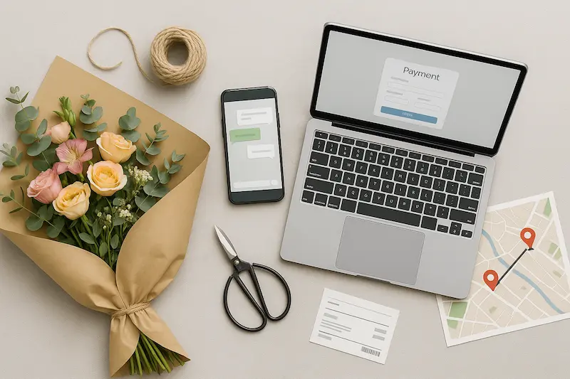 Vista cenital de mesa de florista con ramo en papel kraft, smartphone con chat, laptop con formulario de pago, mapa de entrega y tijeras