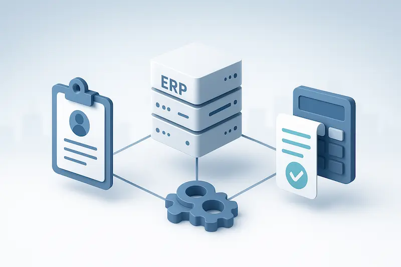 Diagrama estilizado con servidor ERP, ficha de empleado y calculadora de nómina conectados por líneas