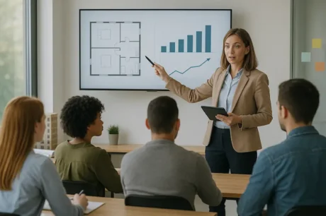 Instructor explica plano y gráficos de mercado en aula moderna a un grupo de adultos en formación inmobiliaria