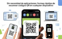 Ilustración de varios dispositivos escaneando códigos QR sin necesidad de aplicaciones adicionales.
