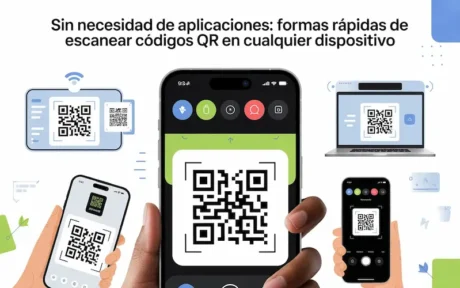 Ilustración de varios dispositivos escaneando códigos QR sin necesidad de aplicaciones adicionales.