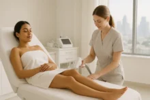 Young woman relaxed on a treatment bed while a female therapist performs laser hair removal on her legs in a bright, modern aesthetic clinic in Dubai
