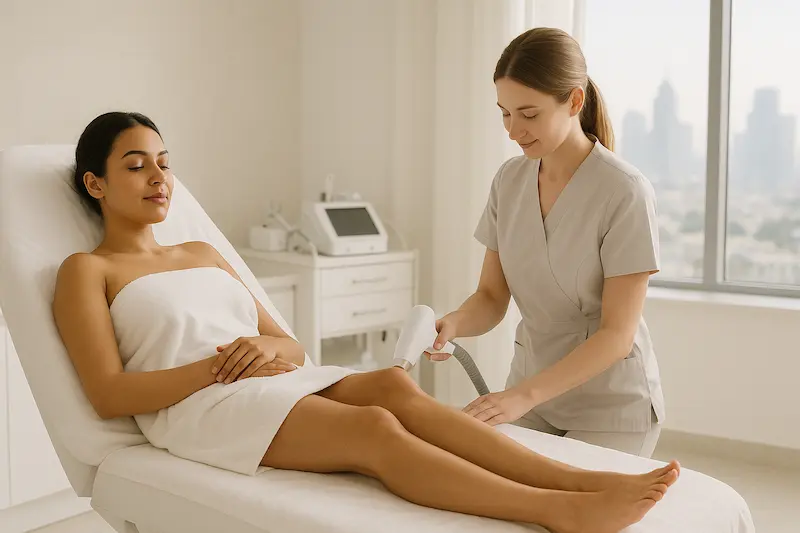 Young woman relaxed on a treatment bed while a female therapist performs laser hair removal on her legs in a bright, modern aesthetic clinic in Dubai