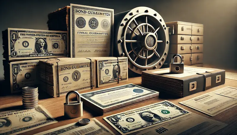 Bonos, documentos financieros y una caja fuerte que representan las garantías y mecanismos utilizados en el préstamo de bancos de Wall Street a la Argentina
