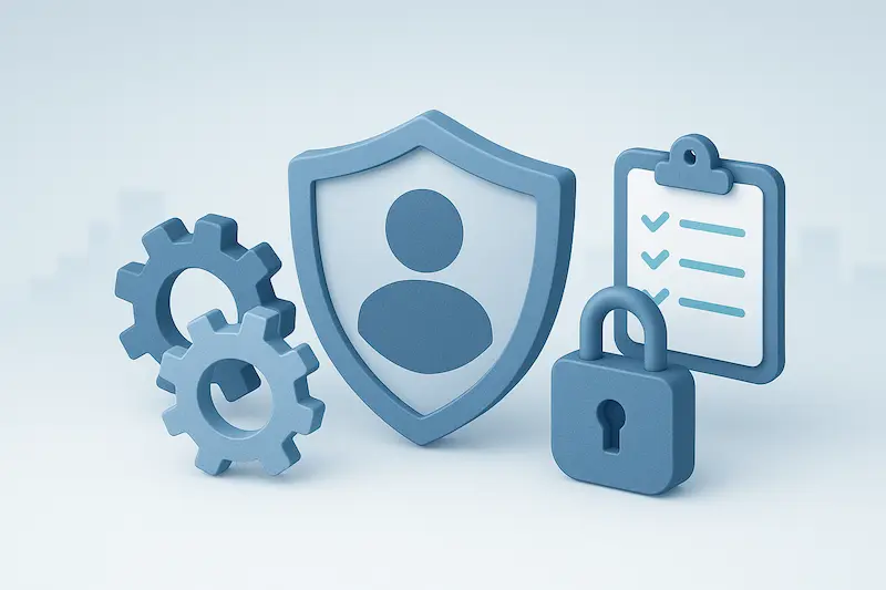 Escudo, engranajes, checklist y candado representando gobierno de datos, seguridad y cumplimiento en RR.HH. y nómina