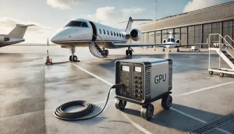 Unidad de potencia en tierra portátil conectada a un jet ejecutivo estacionado en la plataforma de un aeropuerto
