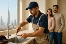 Handyman services in Dubai with technician fixing a kitchen faucet in a modern apartment while a young couple watches in the background