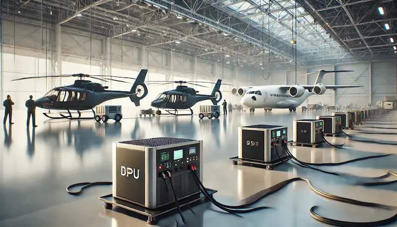 Interior de un hangar con helicópteros y aviones conectados a varias GPUs portátiles alineadas en el suelo