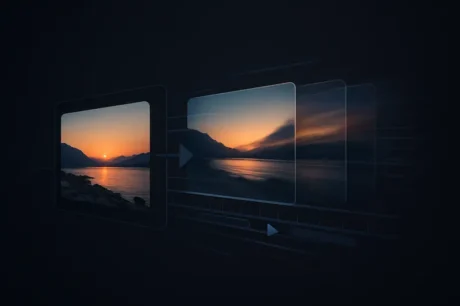 From still photo to moving clip: abstract timeline shows frames transitioning with subtle motion blur on a dark editor-style background