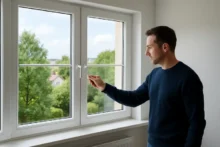 Hombre ajustando una ventana de PVC blanca con doble acristalamiento en un salón luminoso, con vistas a árboles, ilustrando aislamiento térmico y confort en el hogar