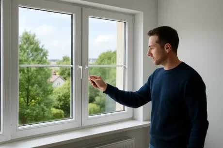 Hombre ajustando una ventana de PVC blanca con doble acristalamiento en un salón luminoso, con vistas a árboles, ilustrando aislamiento térmico y confort en el hogar
