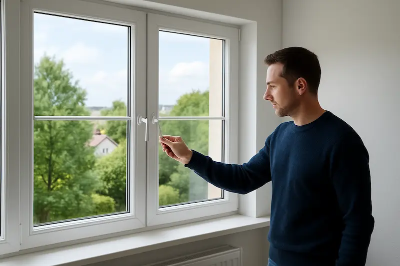 Hombre ajustando una ventana de PVC blanca con doble acristalamiento en un salón luminoso, con vistas a árboles, ilustrando aislamiento térmico y confort en el hogar