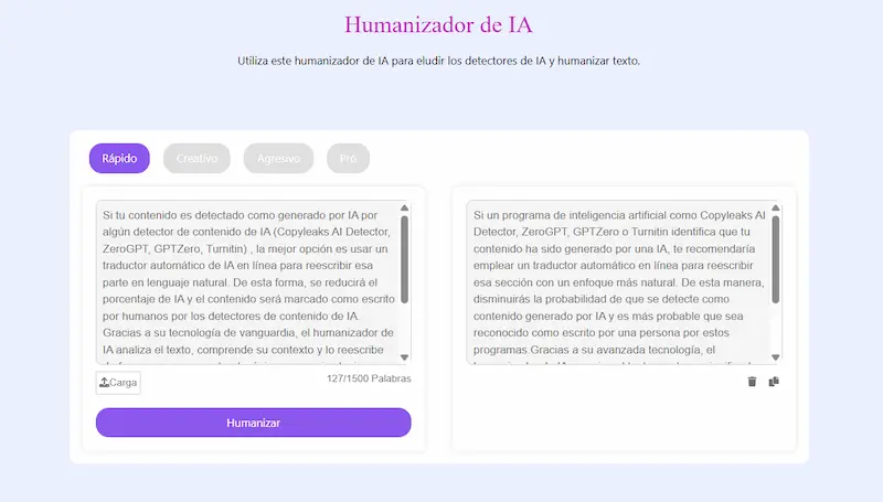 Interfaz en español de un humanizador de IA con campos de texto para reescribir y hacer más natural un contenido