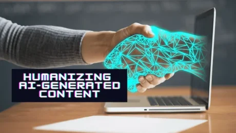 Mano humana estrechando una mano digital que emerge de una laptop, concepto de humanizar contenido generado por IA