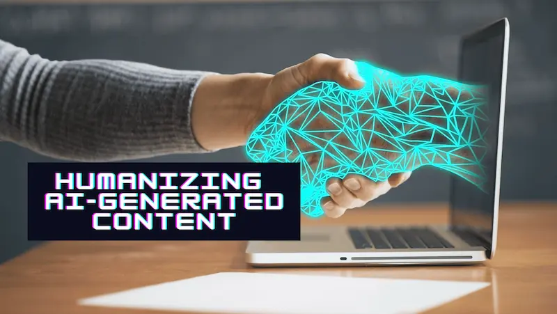 Mano humana estrechando una mano digital que emerge de una laptop, concepto de humanizar contenido generado por IA