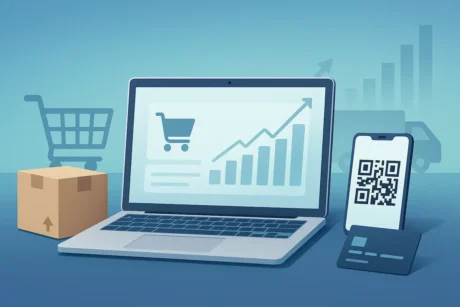 Ilustración de comercio electrónico con laptop, carrito, caja, smartphone y gráfico ascendente, apta para nota sobre resultados del CyberMonday 2025.