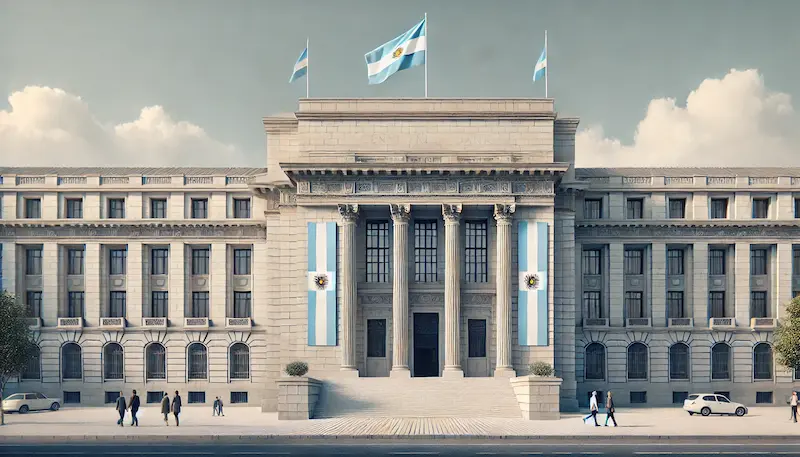 Fachada de un edificio institucional argentino con banderas nacionales, representando al Estado en las negociaciones del préstamo con bancos de Wall Street