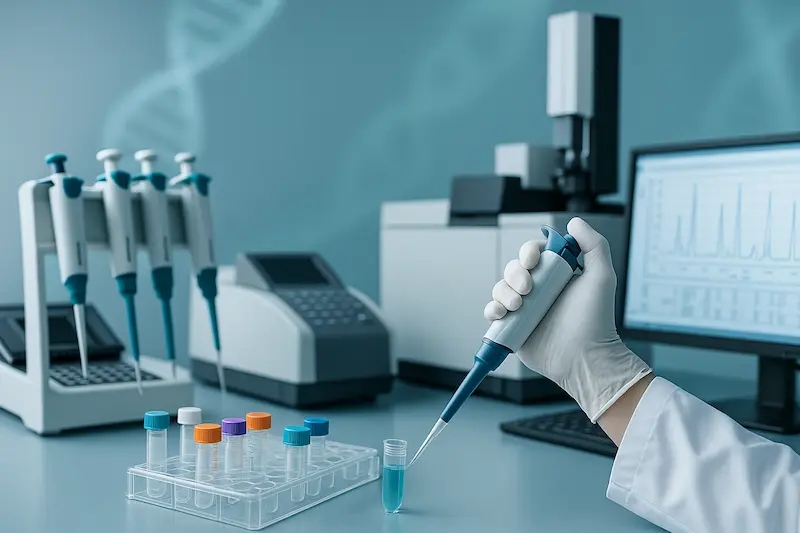 Mano con guante pipeteando en laboratorio forense con termociclador, GC-MS y monitor con cromatogramas