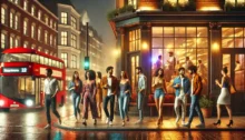 Grupo de jóvenes caminando frente a un bar en Londres de noche con un colectivo rojo al fondo