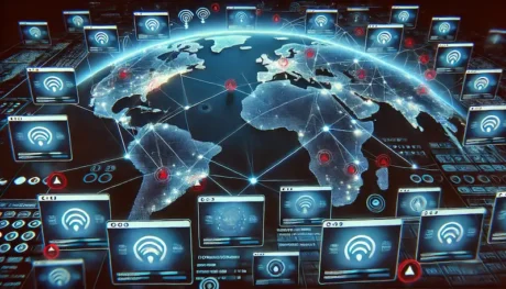Mapa del mundo con conexiones de red intercontinentales fallando y múltiples alertas de error en ventanas digitales