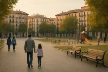 Familias y niños en un parque urbano de una ciudad española al atardecer