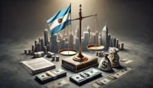 Balanza dorada con la bandera argentina, billetes y bolsas de dólares frente a un skyline financiero que simboliza el préstamo de bancos de Wall Street a la Argentina