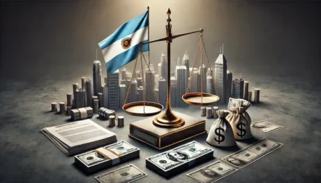 Balanza dorada con la bandera argentina, billetes y bolsas de dólares frente a un skyline financiero que simboliza el préstamo de bancos de Wall Street a la Argentina
