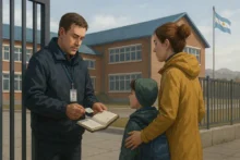 Personal de una escuela de Tierra del Fuego registra el ingreso de una madre y su hijo en la puerta del establecimiento