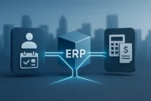 Ilustración fotorrealista de integración ERP con RR.HH. y nómina conectados por líneas azules, sin texto