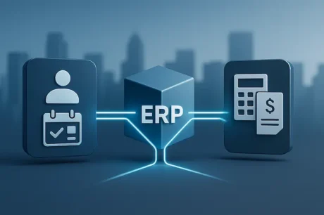 Ilustración fotorrealista de integración ERP con RR.HH. y nómina conectados por líneas azules, sin texto