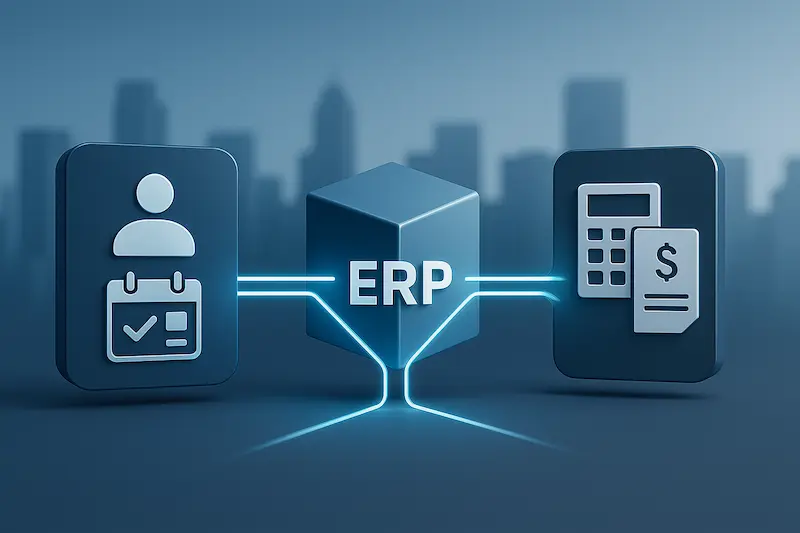 Ilustración fotorrealista de integración ERP con RR.HH. y nómina conectados por líneas azules, sin texto