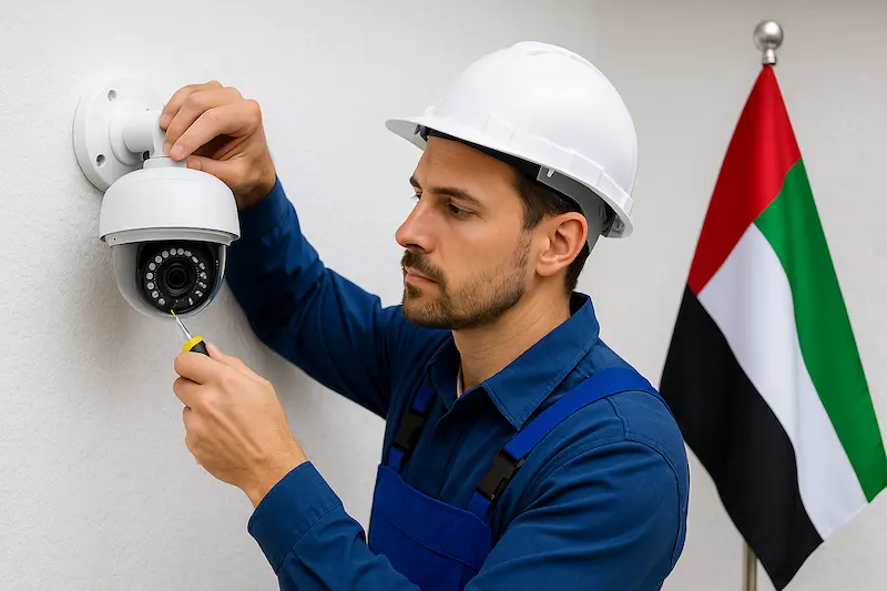 Security technician installing a CCTV dome camera with UAE flag in the background