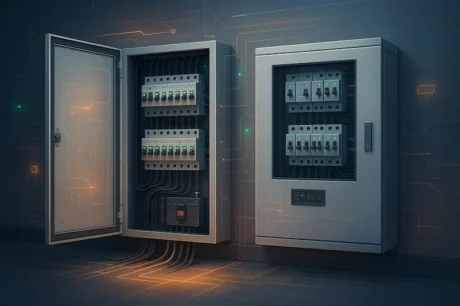 Tableros eléctricos de baja tensión modernos con interruptores y luces indicadoras en una sala técnica