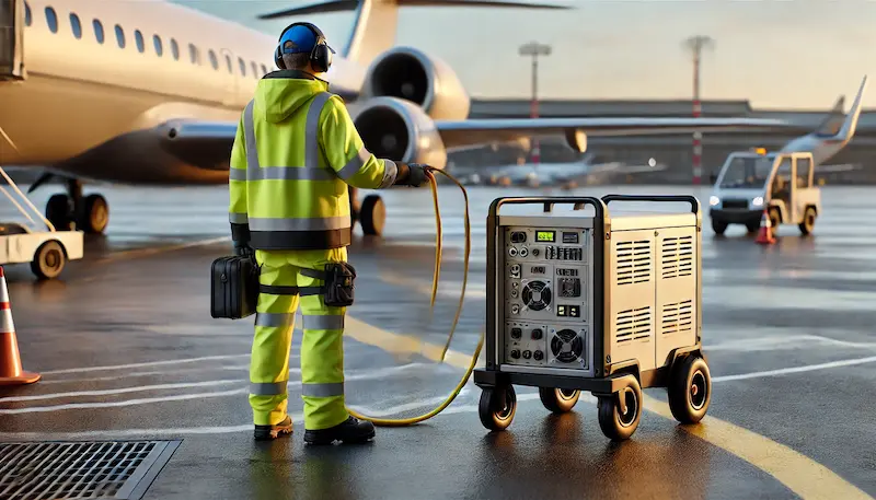 Técnico de tierra con chaleco reflectante conectando una GPU portátil a un avión en un aeropuerto