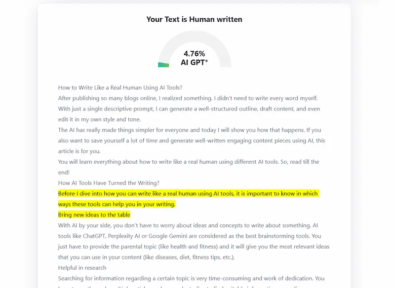 Medidor que indica “Your Text is Human written” con 4,76% AI y frases resaltadas, típico de un detector de contenido de IA