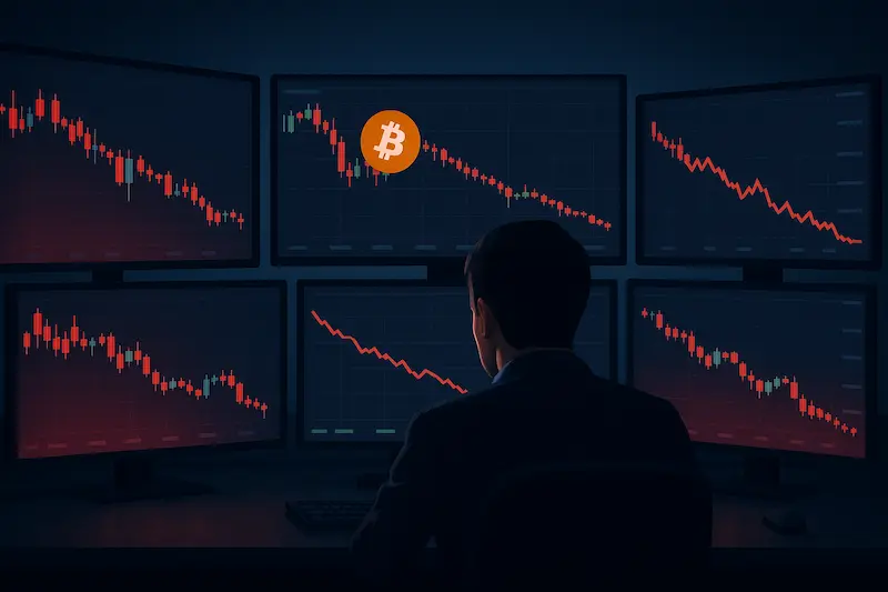 Trader de espaldas frente a varios monitores con gráficos financieros en rojo y un símbolo de Bitcoin