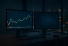 Dos monitores en un escritorio mostrando gráficos de criptomonedas y patrones algorítmicos, simbolizando trading automatizado de Bitcoin