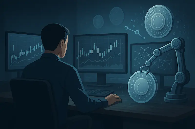 Ilustración de un operador de criptomonedas frente a varias pantallas con gráficos y un brazo robótico que simboliza el trading automatizado con bots