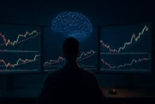 Trader de espaldas frente a tres pantallas con gráficos de mercado y un cerebro digital azul que simboliza el uso de inteligencia artificial en el trading.