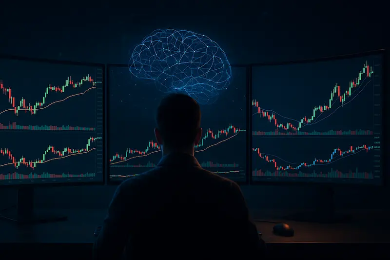 Trader de espaldas frente a tres pantallas con gráficos de mercado y un cerebro digital azul que simboliza el uso de inteligencia artificial en el trading.