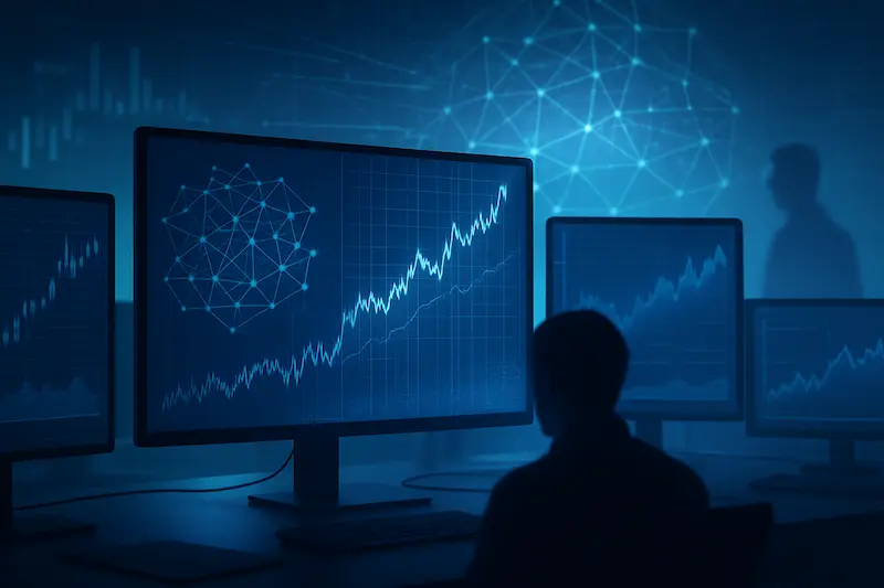 Sala de trading moderna en tonos azules con varias pantallas mostrando gráficos financieros y redes de datos, que representan el uso de inteligencia artificial en los mercados.