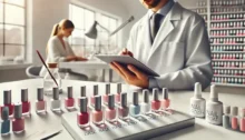 Concepto de laboratorio de producción de esmaltes de uñas profesionales en España, con técnicos revisando geles y bases para manicura