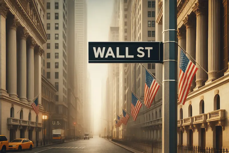 Cartel de Wall Street en el distrito financiero de Nueva York con banderas de Estados Unidos, símbolo de los bancos que negocian un préstamo para la Argentina