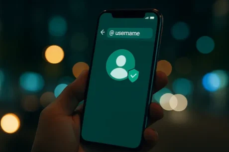 Smartphone con interfaz de mensajería genérica mostrando @usuario y un escudo; representa los nombres de usuario de WhatsApp para chatear sin compartir el número